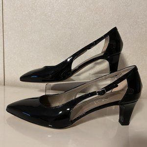 AGL Attilio Giusti Leombruni Sz 39 US 7 Black Patent Leather Cutout Heels Shoes